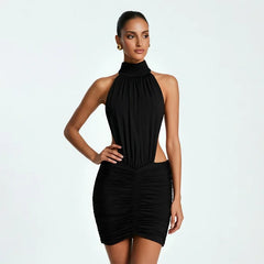 Halter Neck Ruched Side Cut Out Mini Dress