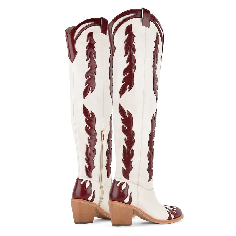 Back view of western flame embellished block heel boots