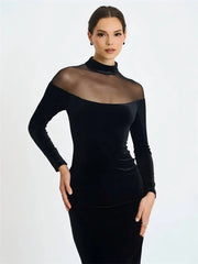 Black Velvet Sheer Off-shoulder Long Sleeve Maxi Dress