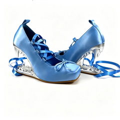 Blue satin square toe shark tooth wedge heels with ribbon lace up