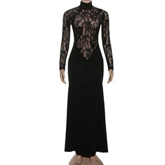 Black lace long-sleeve dress on a mannequin against a white background