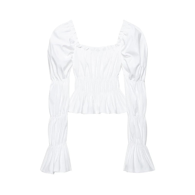 White smocked square neck puff sleeve top laid flat