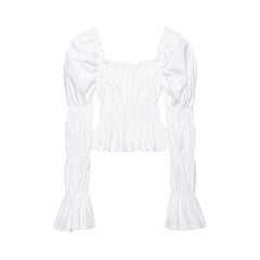White smocked square neck puff sleeve top laid flat