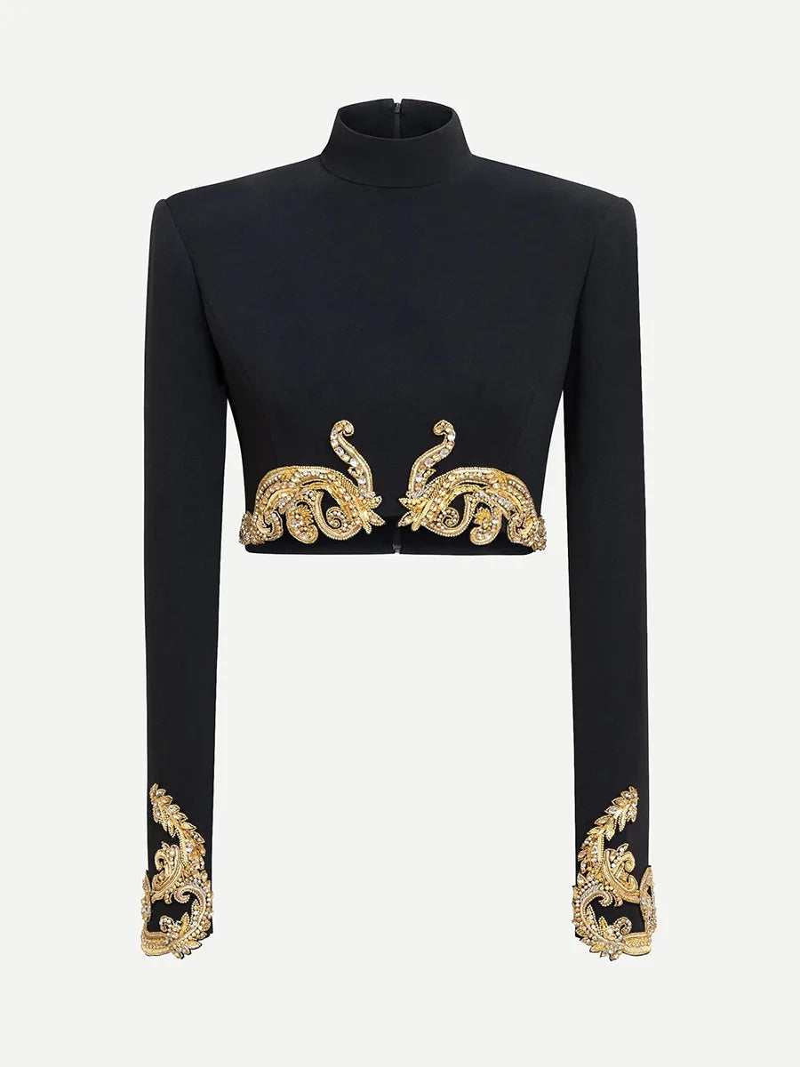 Embellished Turtleneck Cropped Top and Column Skirt Set - Skirt Detail
