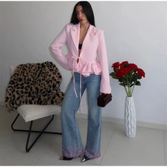 Ruffled Hem Lace-Up Crop Blazer