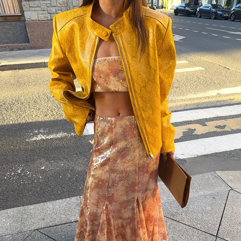 Snake print cropped jacket on street