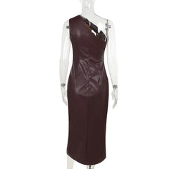 Brown leather dress on a mannequin against a white background