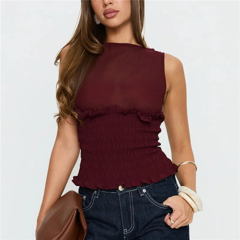 Smocked Sleeveless Boat Neck Tank Top in Claret