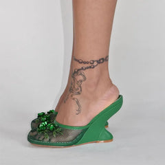 Embellished Mesh Wedge Mule Shoes