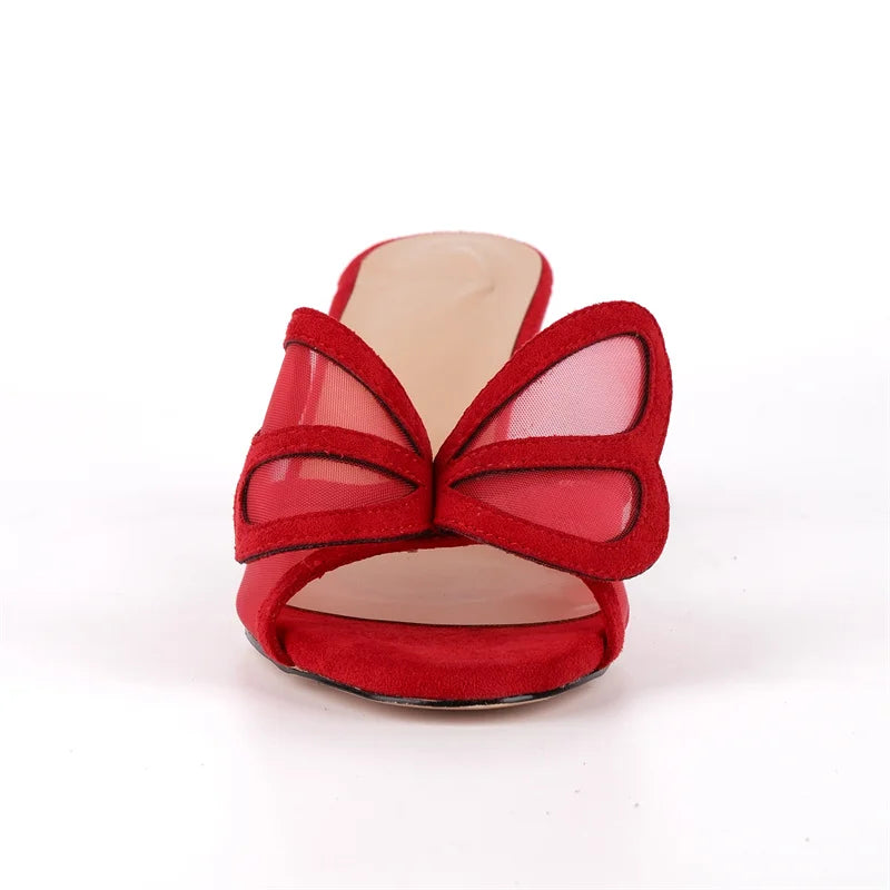 Front view of red kitten heel mesh bow sandals