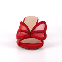 Front view of red kitten heel mesh bow sandals