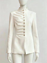 Ruched Pleated Buttoned Mandarin Collar Blazer