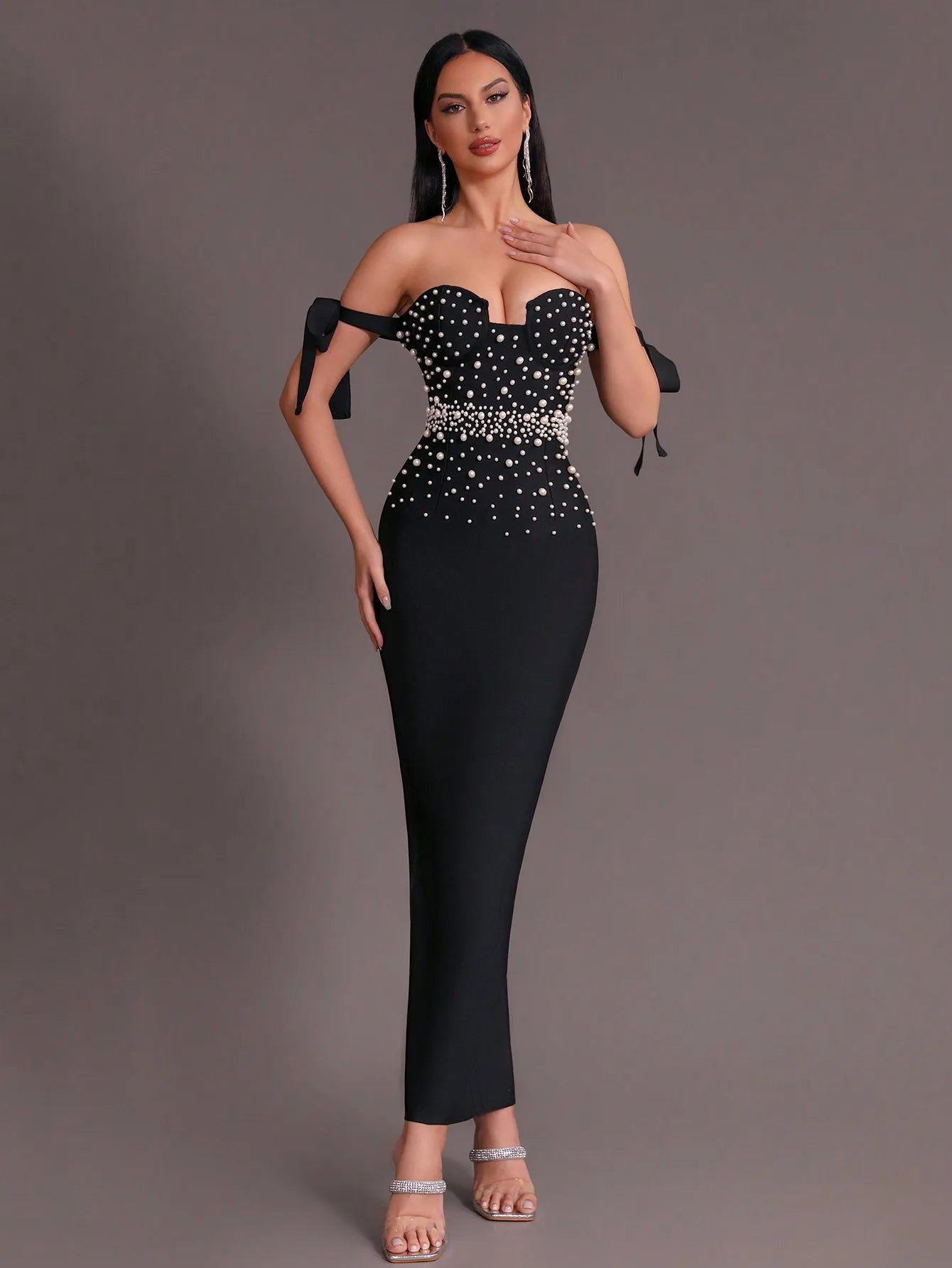 Women's Black Open Shoulder Pearl Tight Long Dress