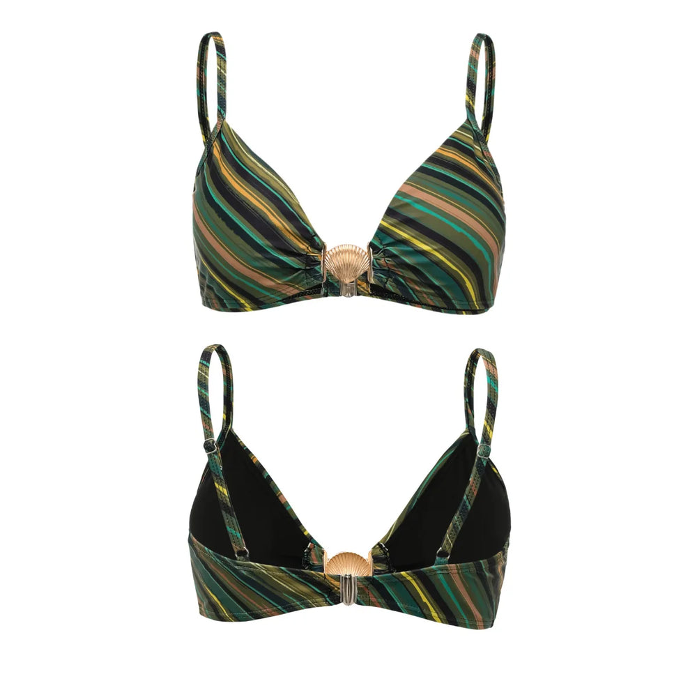 Front and back views of a bikini top with spaghetti straps and a central shell detail, part of a coordinating set.