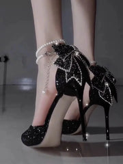 Sequin Bow Pointed Heels | Elegant French Pearl-Lined Slip-Ons