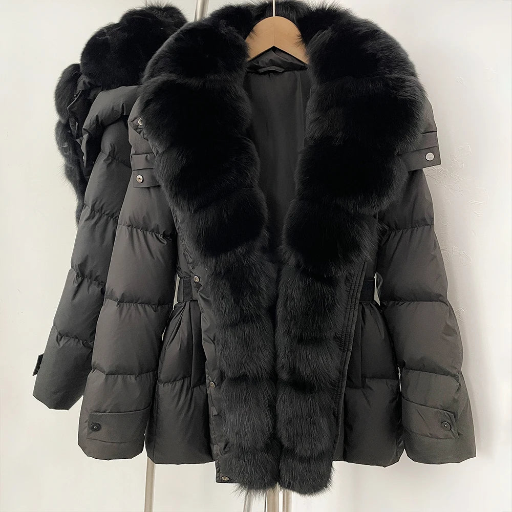 Dark gray puffer jacket with black fur trim