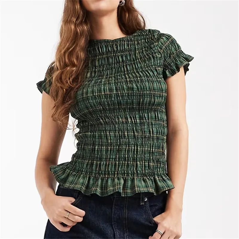 Green plaid smocked top with ruffled short sleeves
