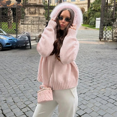 Hooded Faux Fur Trim Knit Jacket