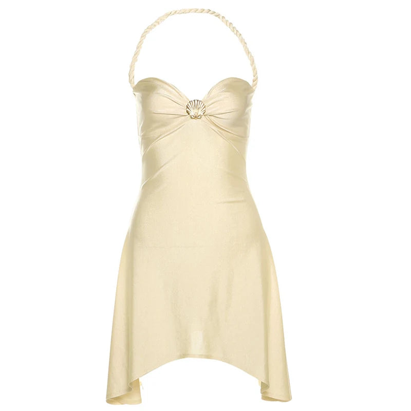 Beige strapless dress with a decorative neckline on a white background
