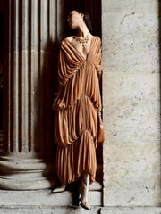 Draped ruched v-neck maxi dress detail