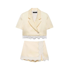 Yellow Crop Lace Trimmed Blazer and Skirt Suit