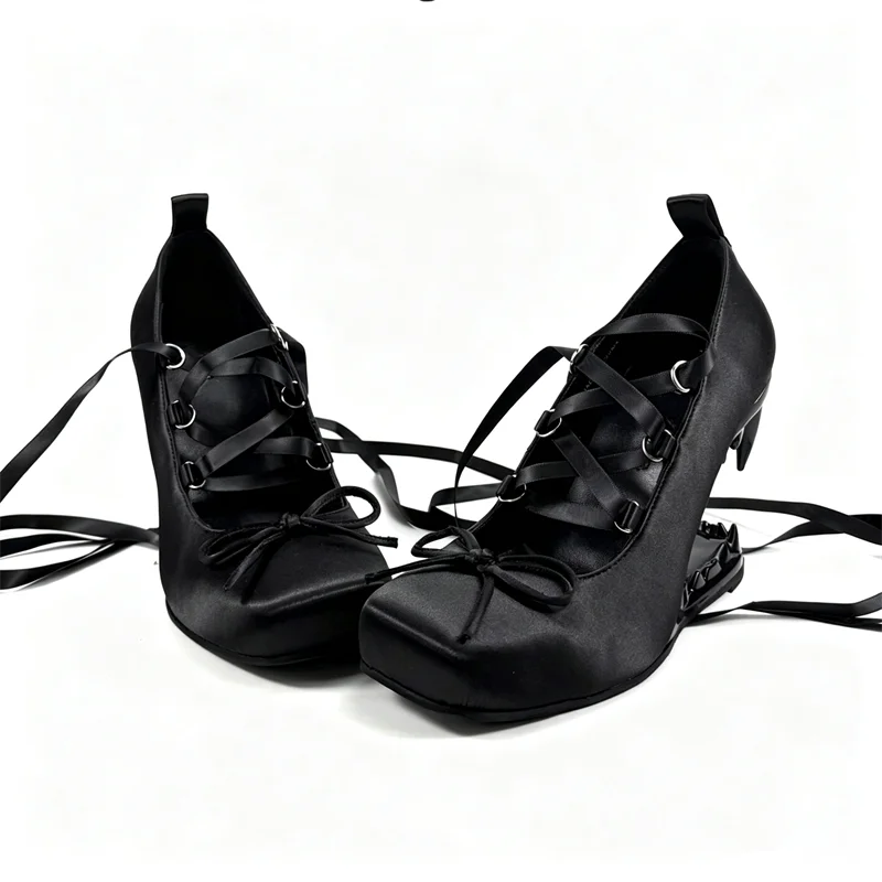 Black satin square toe shark tooth wedge heels with ribbon lace up