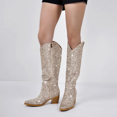 Glitter Pointed Toe Block Heel Cowboy Boots