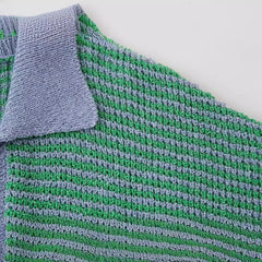 Close-up of the knit texture and collar of the green and blue set