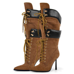 Pointed Toe Lace Up Mid Calf Boots