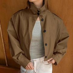 Brown Short Trench Jacket | Turtleneck Cropped Outerwear