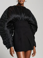 Pleated sleeve mini dress detail on model