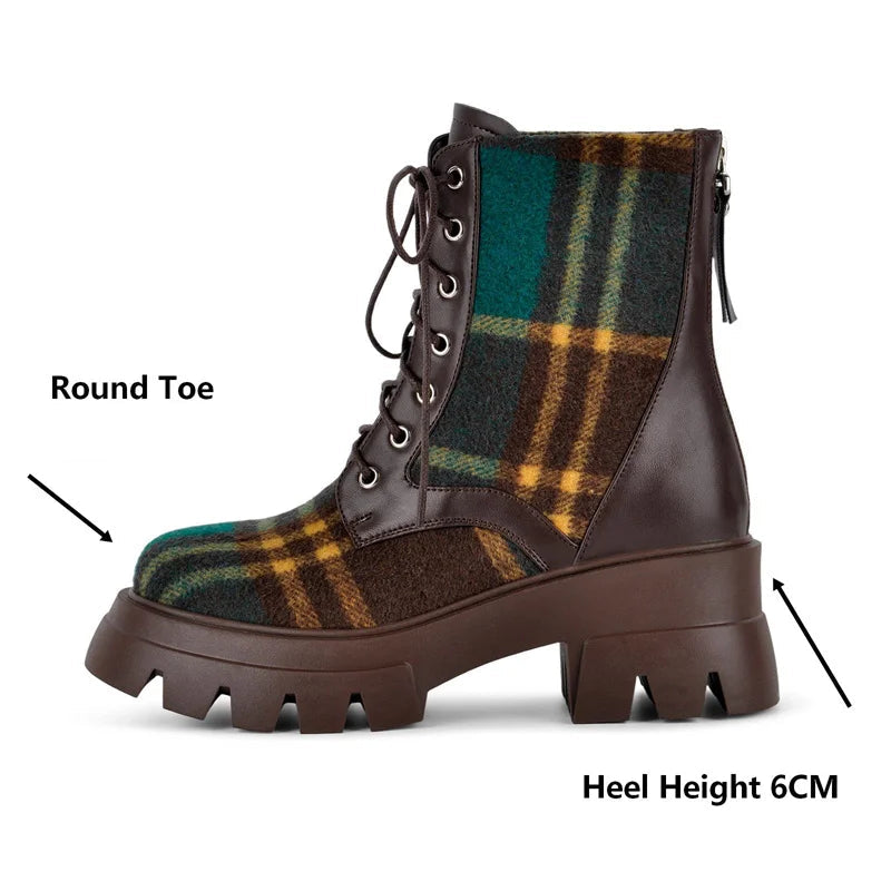 Plaid platform block heel boots detail view with dimensions