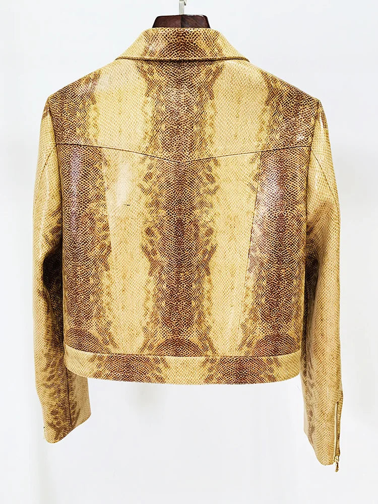 Back view of a snake print leather-look jacket with a zipper closure.