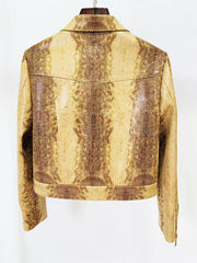 Back view of a snake print leather-look jacket with a zipper closure.