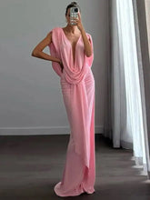 Pink draped plunge neckline maxi dress.
