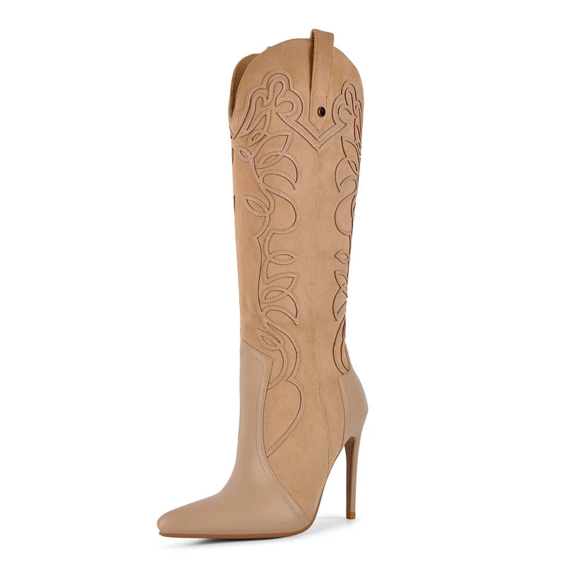 Tan embroidered stiletto knee high boots