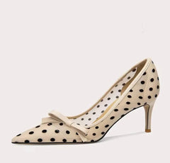 Beige high-heeled shoe with polka dot pattern on a white background