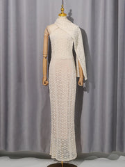 Sheer Knit Draped Scarf Neck Detail Maxi Dress