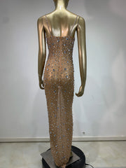 Rhinestone Mesh Embellished Spaghetti Strap Maxi Dress