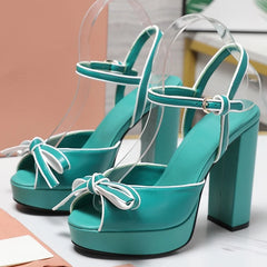 Teal platform bow strap square heels