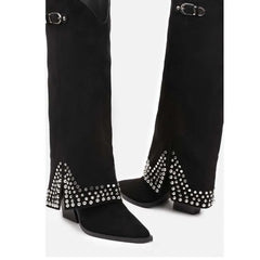 Pair of black suede knee-high boots with pointed toe and silver stud embellishments
