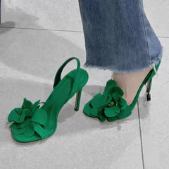 Crystal Green Flower High Heeled Sandals