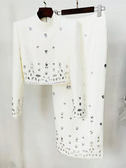 White embellished stand collar cropped jacket and maxi skirt set on hanger