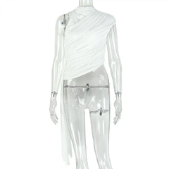 White Asymmetric Draped Neck Sleeveless Top