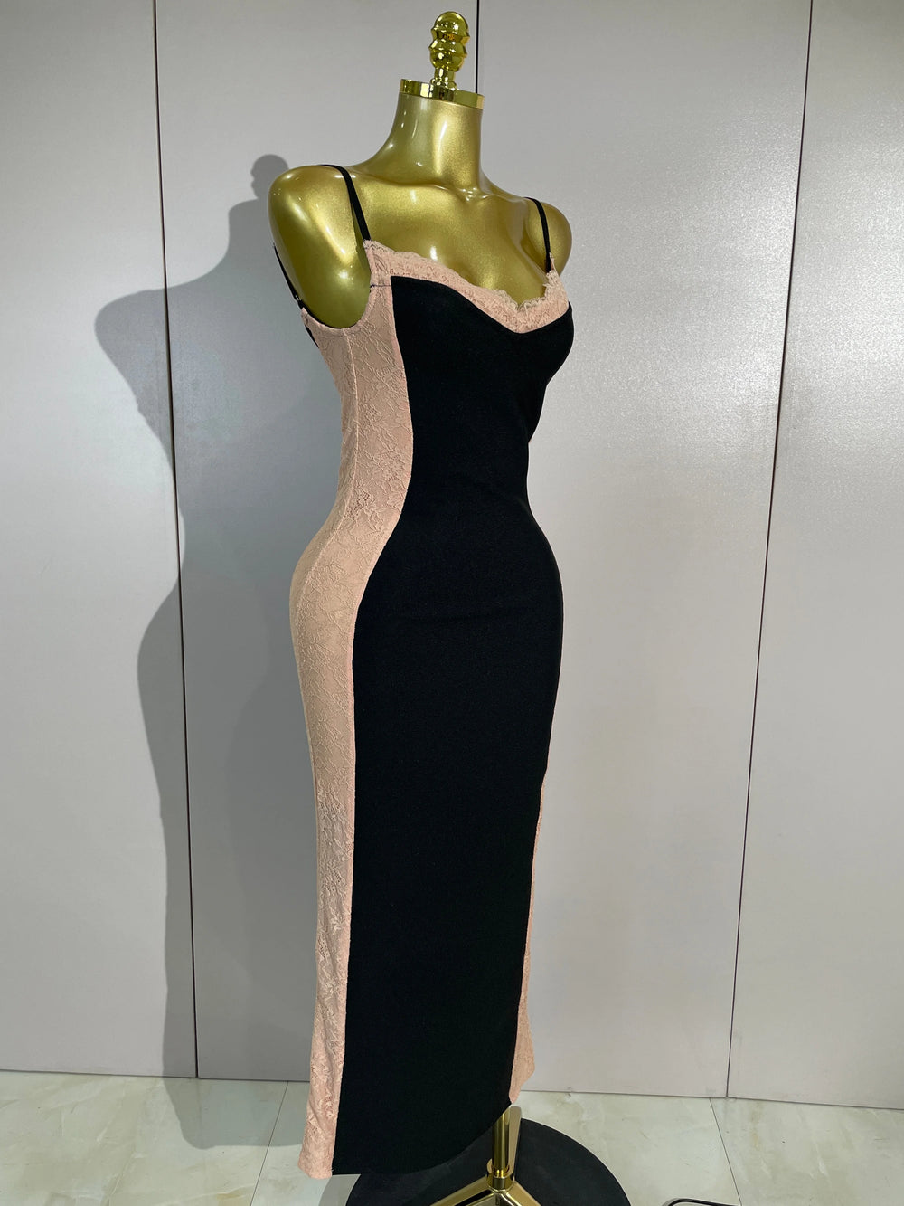 Lace trim colorblock midi dress angled side view
