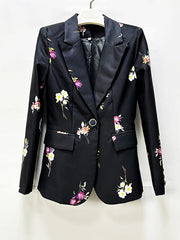 Close-up of the black floral print blazer.