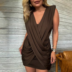 Deep V Neck Sleeveless Drape Mini Dress