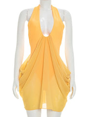 Yellow Drape Halter Neck Cutout Ruched Mini Dress