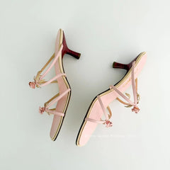 Pink Rose Square Toe Low Heel Sandals