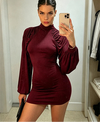 Ruched Mock Neck Long Sleeve Mini Dress